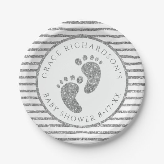 Silver Glitter Baby Feet Baby shower Gepersonalise Papieren Bordje (Voorkant)