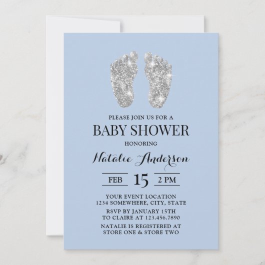 Silver Glitter Baby Feet Light Blue Baby shower Kaart (Voorkant)