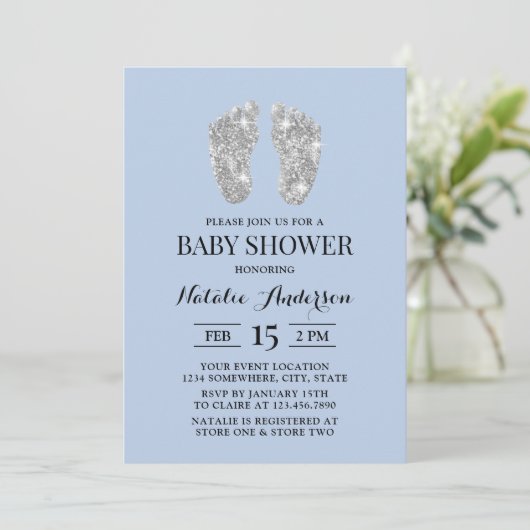 Silver Glitter Baby Feet Light Blue Baby shower Kaart (Staand voorkant)