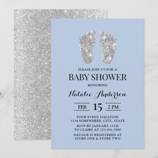 Silver Glitter Baby Feet Light Blue Baby shower Kaart (Voorkant / Achterkant)