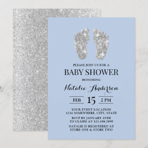 Silver Glitter Baby Feet Light Blue Baby shower Kaart