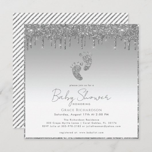 Silver Glitter Baby shower Invitation Kaart (Voorkant / Achterkant)