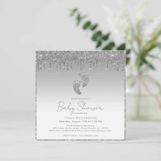 Silver Glitter Baby shower Invitation Kaart (Staand voorkant)