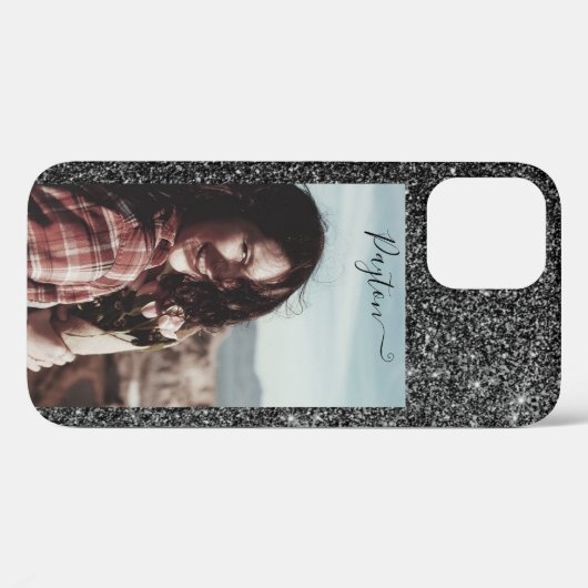 Silver Glitter Background Custom Name Photo Black Case-Mate iPhone Case (Achterkant (horizontaal))