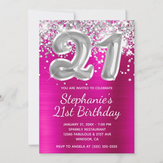 Silver Glitter Ballon Hot Pink 21st Birthday Kaart (Voorkant)