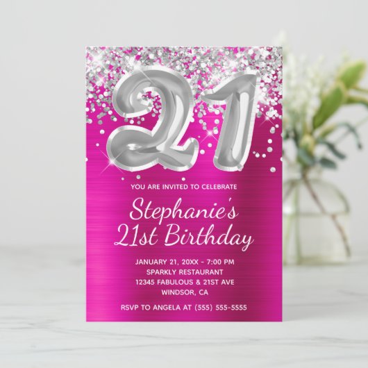 Silver Glitter Ballon Hot Pink 21st Birthday Kaart (Staand voorkant)