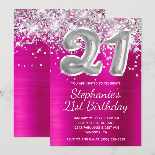 Silver Glitter Ballon Hot Pink 21st Birthday Kaart (Voorkant / Achterkant)