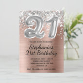 Silver Glitter Balloon Roos Gold 21st verjaardag Kaart (Staand voorkant)