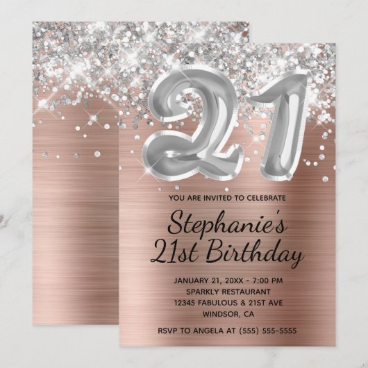 Silver Glitter Balloon Roos Gold 21st verjaardag Kaart (Voorkant / Achterkant)