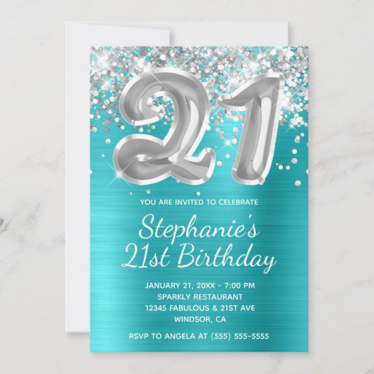 Silver Glitter Balloon Turquoise 21st Birthday Kaart (Voorkant)