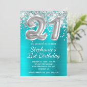 Silver Glitter Balloon Turquoise 21st Birthday Kaart (Staand voorkant)