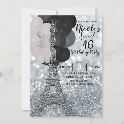 Silver Glitter Balloons Eiffeltoren Sweet 16 Chic Kaart (Voorkant)