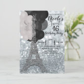 Silver Glitter Balloons Eiffeltoren Sweet 16 Chic Kaart (Staand voorkant)