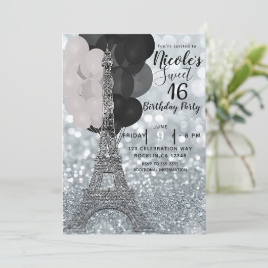 Silver Glitter Balloons Eiffeltoren Sweet 16 Chic Kaart (Staand voorkant)