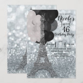 Silver Glitter Balloons Eiffeltoren Sweet 16 Chic Kaart (Voorkant / Achterkant)
