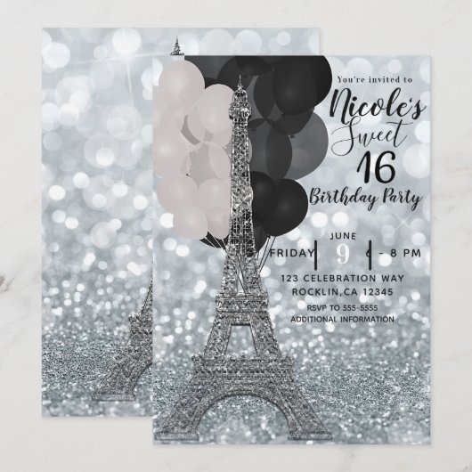 Silver Glitter Balloons Eiffeltoren Sweet 16 Chic Kaart (Voorkant / Achterkant)
