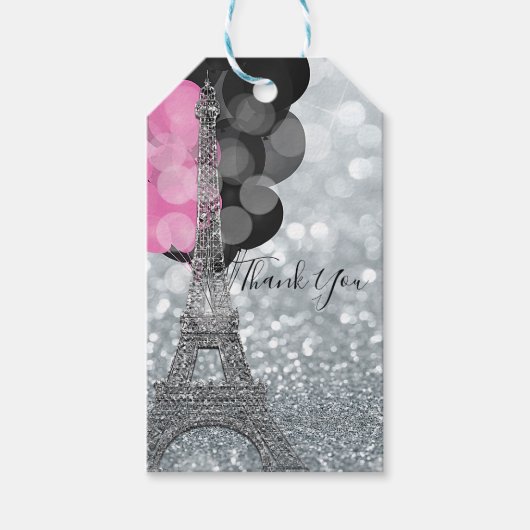 Silver Glitter & Balloons Paris Eiffel Tower Party Cadeaulabel (Voorkant)