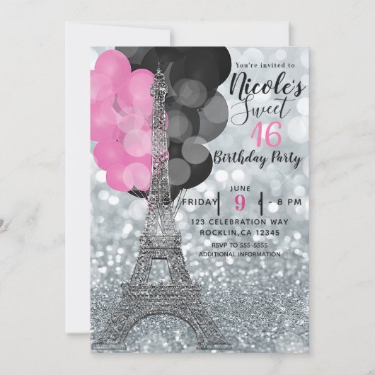 Silver Glitter & Balloons Paris Eiffel Tower Party Kaart (Voorkant)