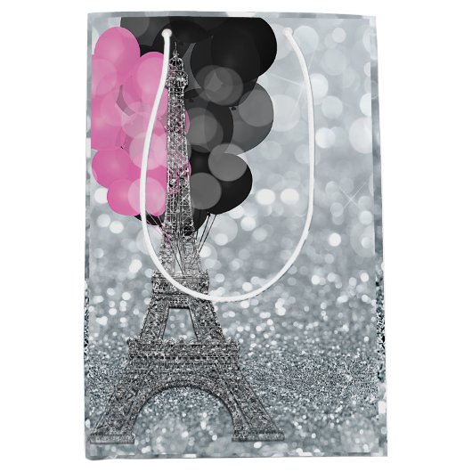 Silver Glitter & Balloons Paris Eiffel Tower Party Medium Cadeauzakje (Voorkant)