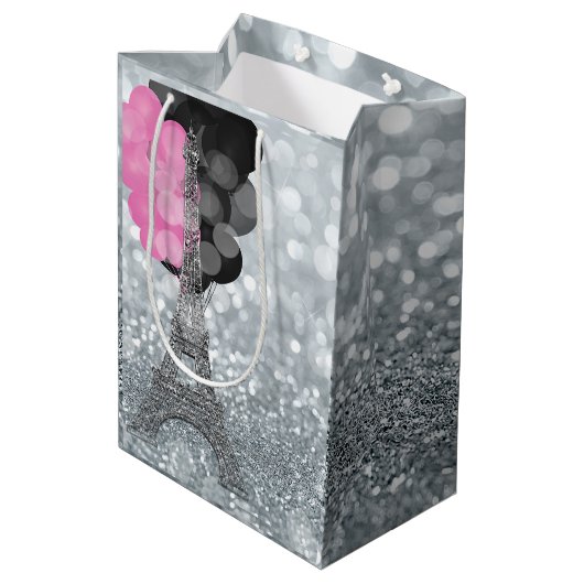 Silver Glitter & Balloons Paris Eiffel Tower Party Medium Cadeauzakje (Achterkant Gekanteld)