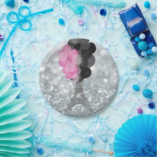 Silver Glitter & Balloons Paris Eiffel Tower Party Papieren Bordje (Feest)