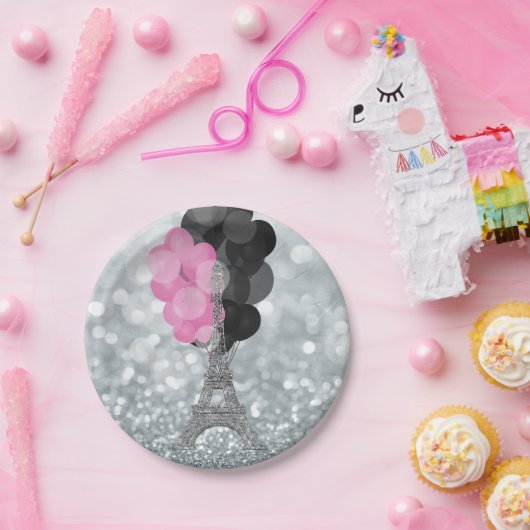 Silver Glitter & Balloons Paris Eiffel Tower Party Papieren Bordje (Feest)