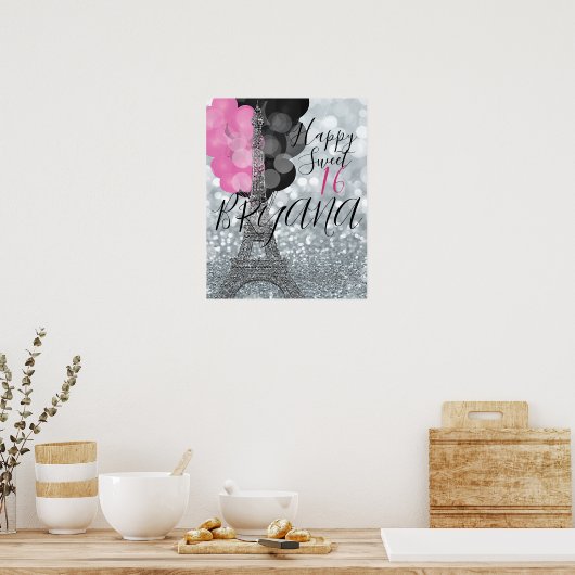 Silver Glitter & Balloons Paris Eiffel Tower Party Poster (Keuken)