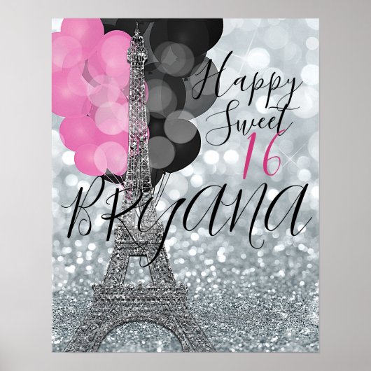 Silver Glitter & Balloons Paris Eiffel Tower Party Poster (Voorkant)