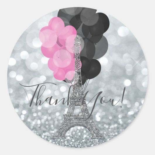 Silver Glitter & Balloons Paris Eiffel Tower Party Ronde Sticker (Voorkant)