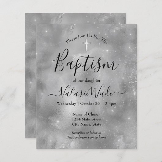 Silver Glitter Baptism Budget Invitations (Voorkant / Achterkant)