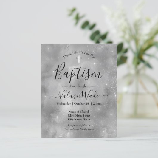 Silver Glitter Baptism Budget Invitations (Staand voorkant)