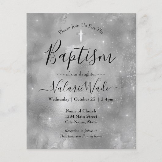 Silver Glitter Baptism Budget Invitations (Voorkant)