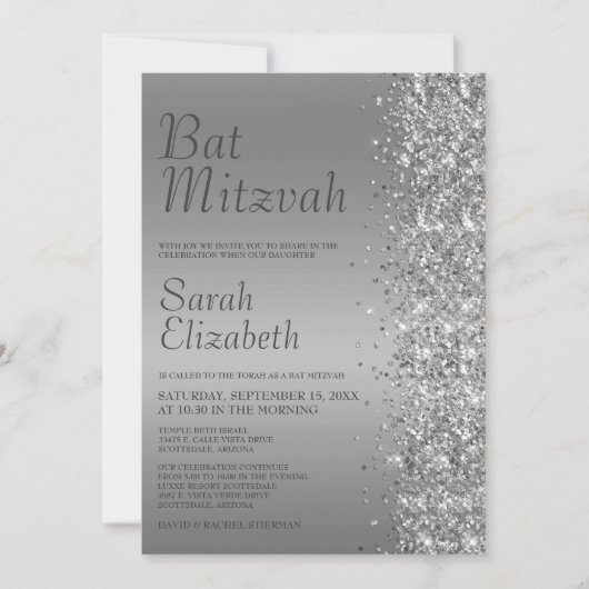 Silver Glitter Bat Mitzvah Kaart (Voorkant)