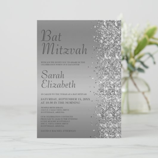 Silver Glitter Bat Mitzvah Kaart (Staand voorkant)