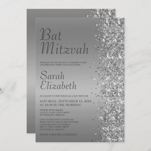 Silver Glitter Bat Mitzvah Kaart (Voorkant / Achterkant)