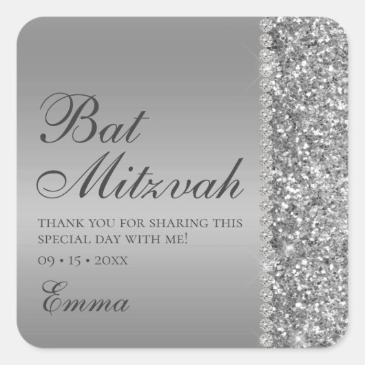 Silver Glitter Bat Mitzvah Vierkante Sticker (Voorkant)