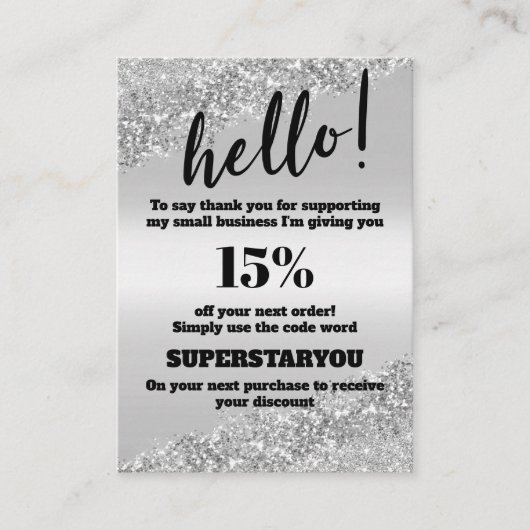 Silver Glitter Bedankt Korting Kaart invoegen Visitekaartje (Voorkant)