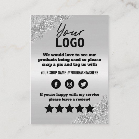 Silver Glitter Bedankt Korting Kaart invoegen Visitekaartje (Achterkant)