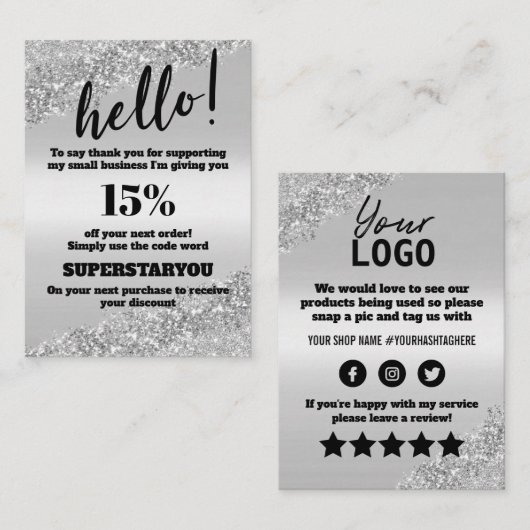 Silver Glitter Bedankt Korting Kaart invoegen Visitekaartje (Voorkant / Achterkant)