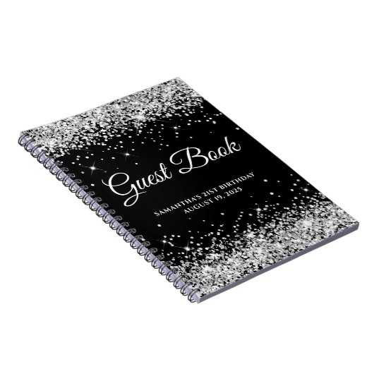Silver Glitter Black 21st Birthday Guestbook Notitieboek (Rechterzijde)
