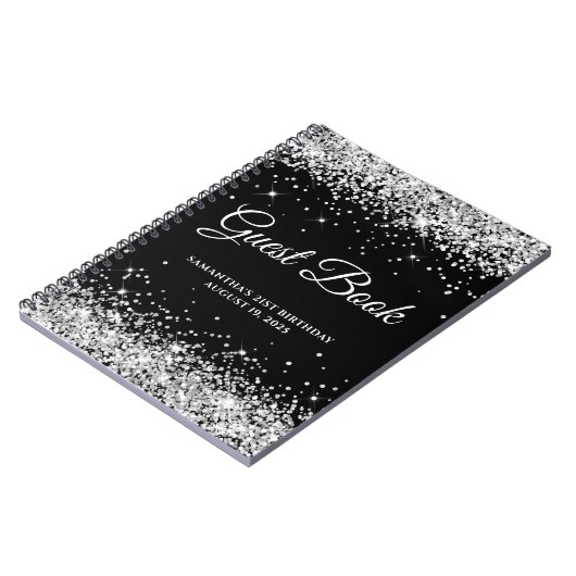 Silver Glitter Black 21st Birthday Guestbook Notitieboek (Linkerzijde)