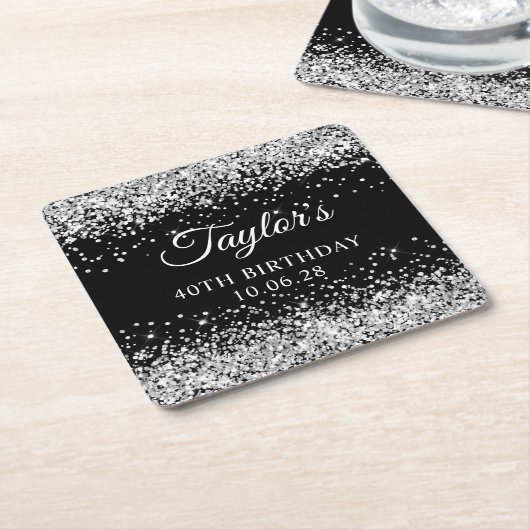 Silver Glitter Black 40th Birthday Kartonnen Onderzetters (Schuin)