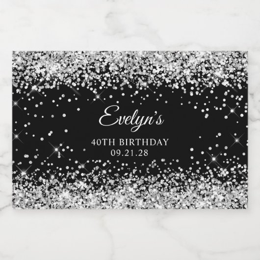 Silver Glitter Black 40th Birthday Likeurfles Etiket (Enkel label)