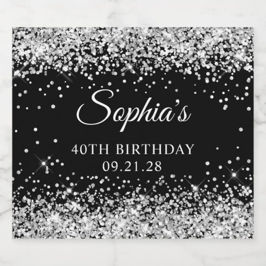 Silver Glitter Black 40th Birthday Likeurfles Etiket (Enkel label)