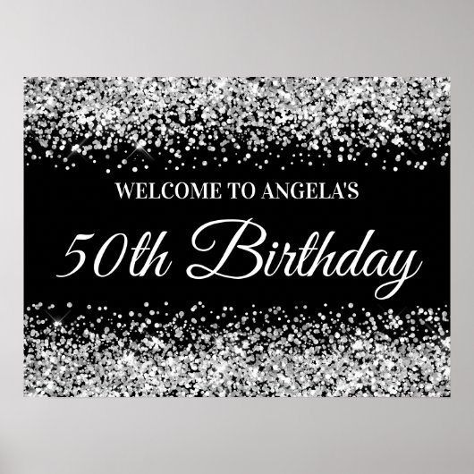 Silver Glitter Black 50th Birthday Welkom Poster (Voorkant)