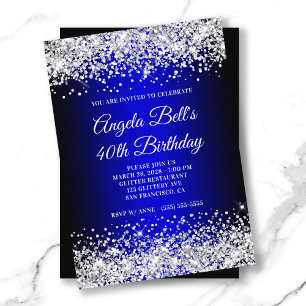 Silver Glitter Black Blue Gradient 40th Birthday Kaart