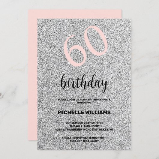 Silver Glitter Black Blush Kalligrafie Verjaardag Kaart (Voorkant / Achterkant)