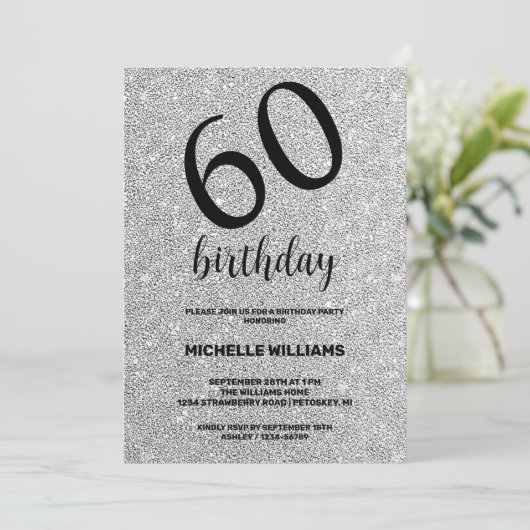 Silver Glitter Black Calligraphy Verjaardag Kaart (Staand voorkant)