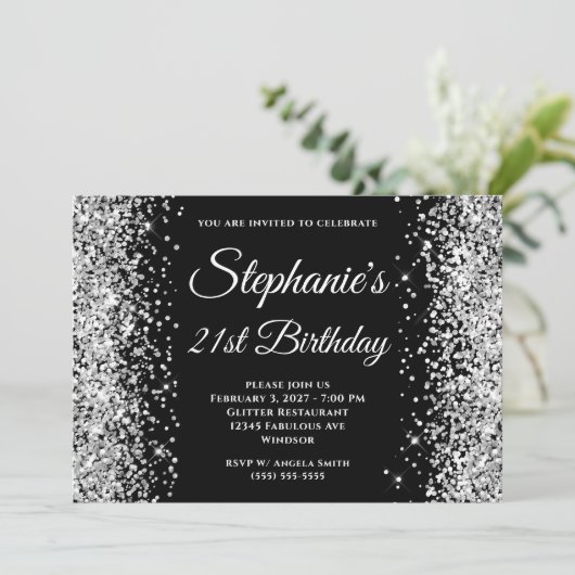 Silver Glitter Black Fancy Monogram 21ste verjaard Kaart (Staand voorkant)