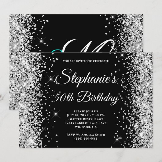 Silver Glitter Black Fancy Monogram Kaart (Voorkant / Achterkant)